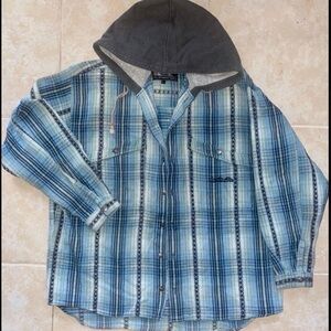 Quiksilver Blue Plaid Shirt Jacket with Hoodie in 100% Heavyweight Cotton